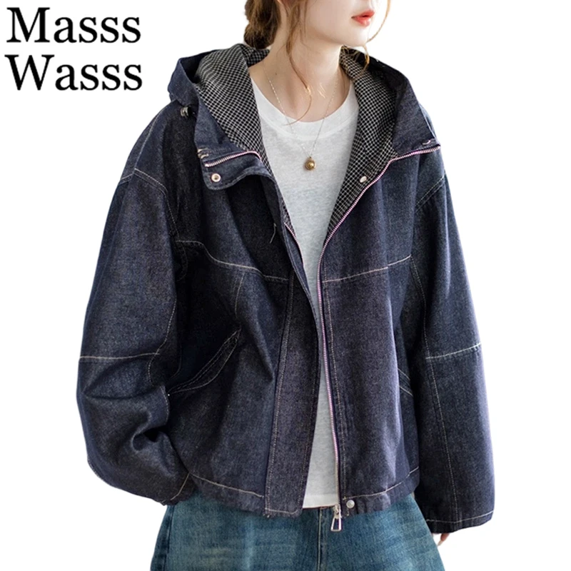 

Модные женские джинсовые куртки Masss Wasss 2026: свободные, с капюшоном, в классическом винтажном стиле, повседневные, больших размеров