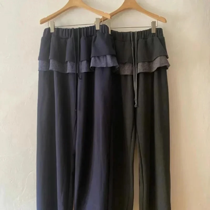 Dongdaemun Y2K Lattice Layered Pants Korean Women summer Autumn Cute Leaf Splicing Skirt Pants Elastic Waist Casual Pants New