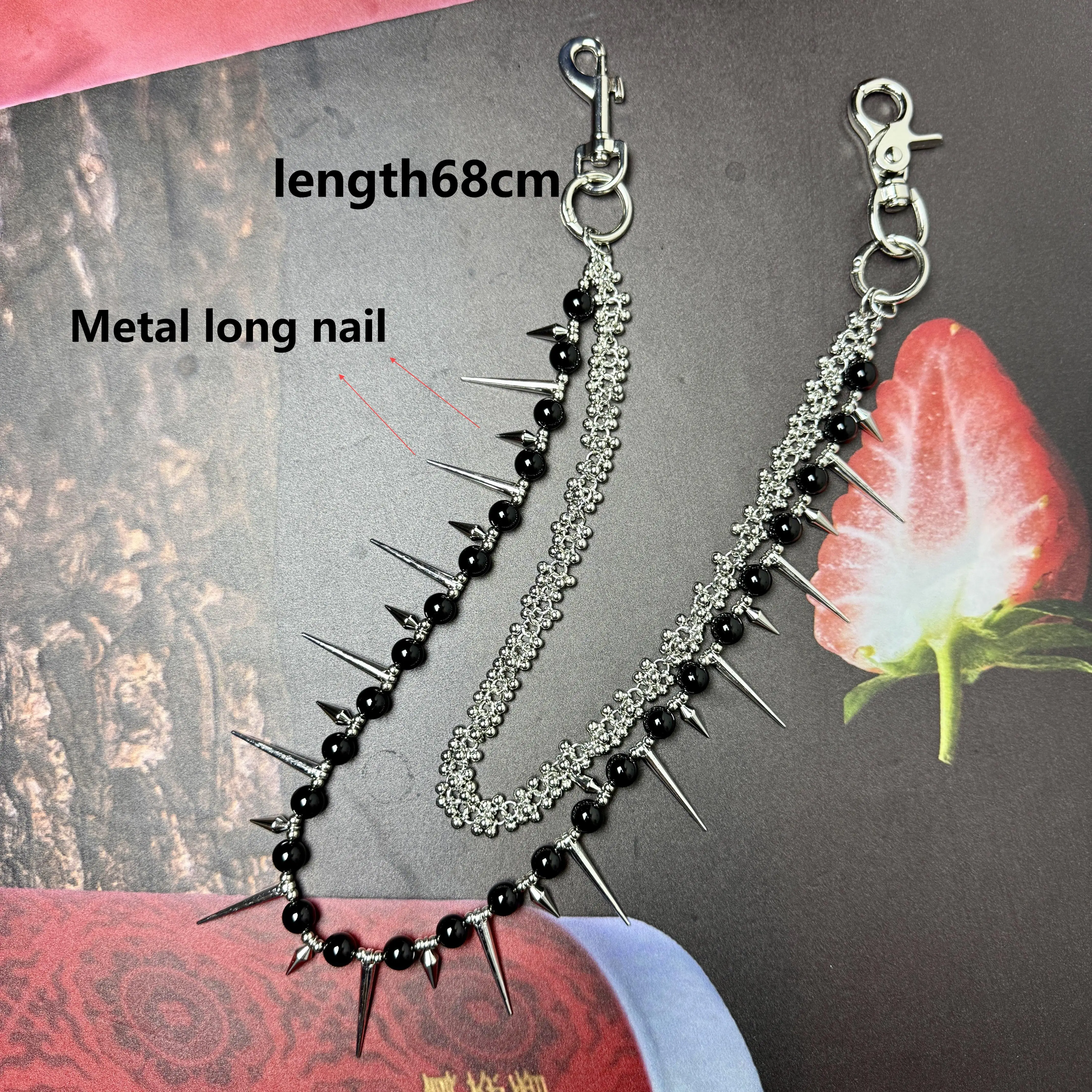 Original handmade denim pants chain, exquisite high-end ultra bright black agate stone punk style keychain pendant
