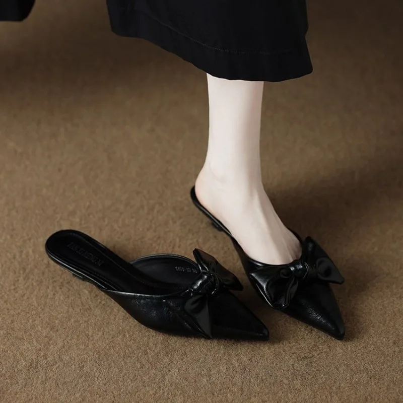Bow Baotou Half Slippers 2026 Summer New Pointed Toe Back Empty Heels