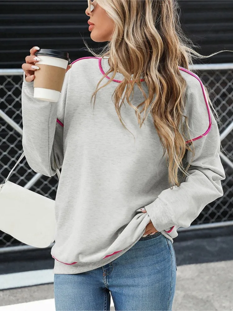 Woman's Autumn Winter Casual Sweatshirt Fashion Solid Color O-neck Long Sleeves Pullovers Tops Ladies Loose Office Grey Hoodie