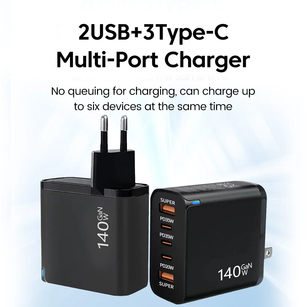 140 واط 5-Port Quick GaN شاحن 2USB + 3Type C شحن سريع شاحن الهاتف المحمول آيفون 15 16 17 سامسونج كمبيوتر محمول اللوحي