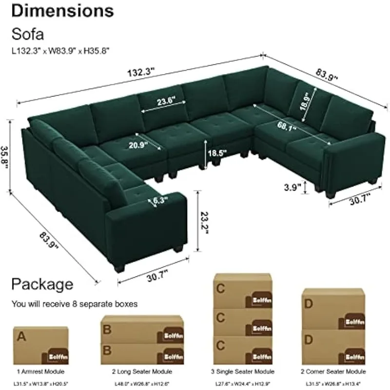 Oversized Velvet Modular 9 Seater U-Shape Sectional Sofa Set with Chaise Convertible sectional Sofa Couch Set Modular Co