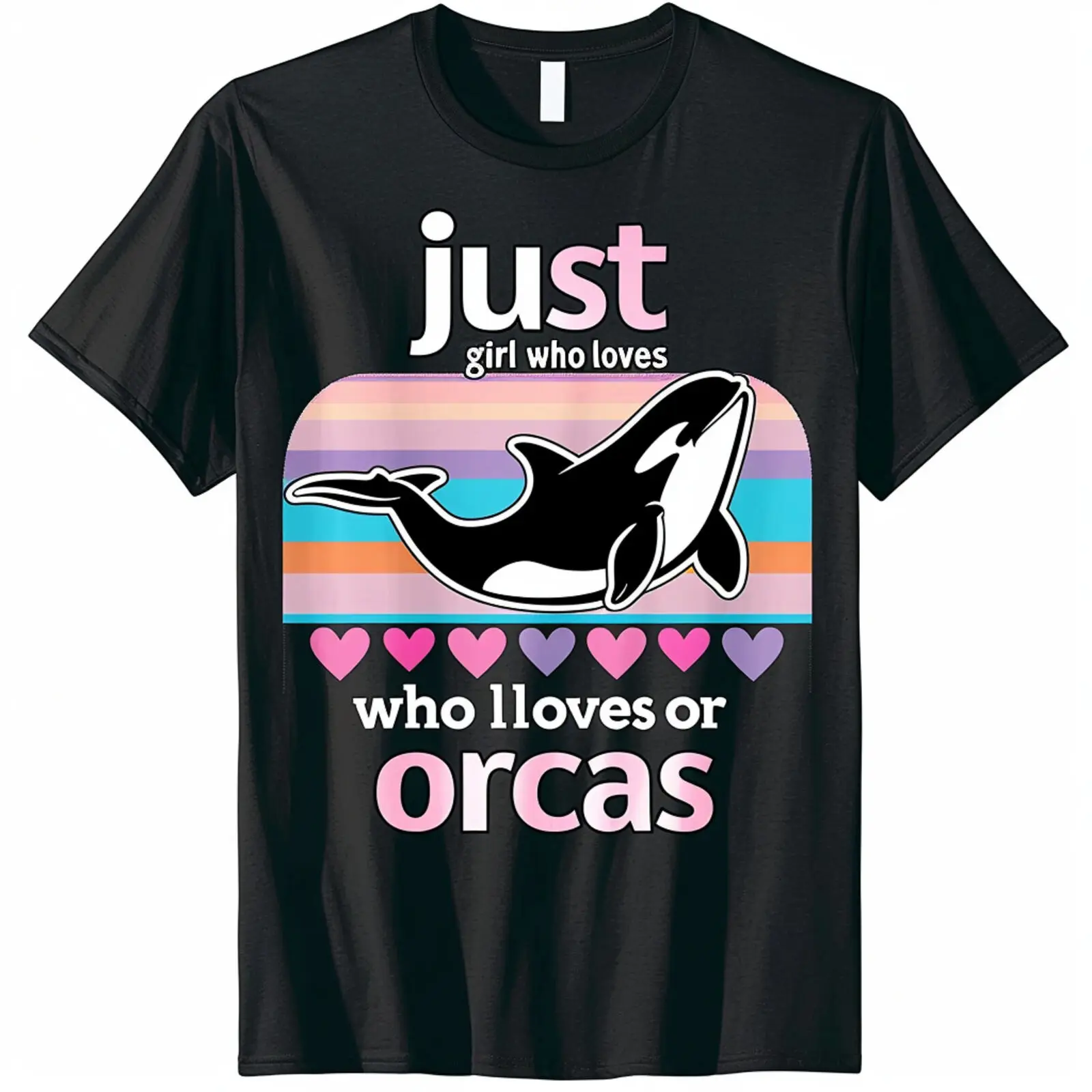 Colorful Orca & Hearts Design Black TShirt for Girls Who Love Orcas Pastel