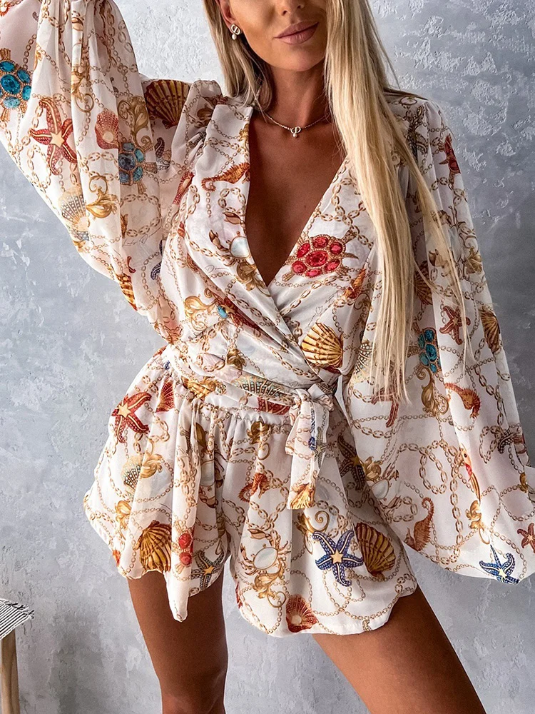 Slim Chic Bohemian Print Shorts Suit Summer Long Lantern Sleeve Top And Shorts Set Women Casual Shorts Elegant Two Piece Set New