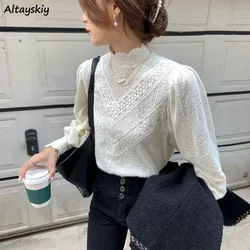 Chic Blouse Women Long Sleeve Casual Tops Hollow Out Lace Half High Collar Elegant Temper Gentle Tender Aesthetic Age-reducing