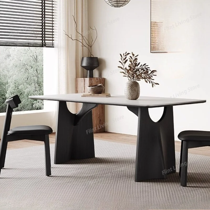 Black Solid Wood Dining Table Rectangular Minimalist Modern Designer Retro Matte Pure White Rock Slab Dining Table Furniture