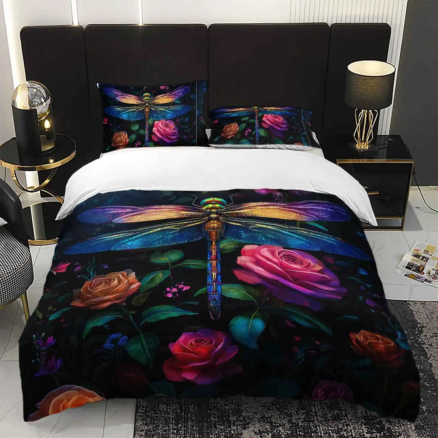 

3pcs Colorful Dragonfly And Rose Floral Bedding Duvet Cover Set, Featuring a Dragonfly Rose Garden Design. This Floral-Themed