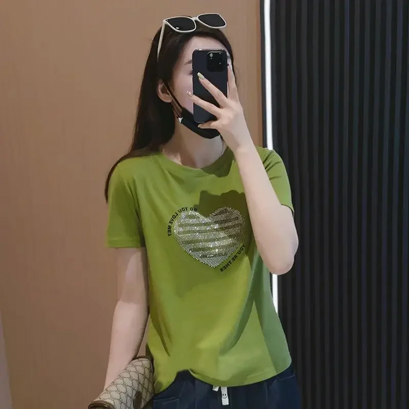 Female Clothing Spring Summer New Women's T-shirt Loose Slim Fashion Solid Cotton Short Sleeve Pullover Round Neck Vintage Tops