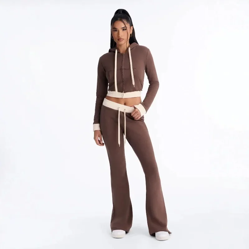 Women Tracksuits Casual 2 Piece Set Color Patchwork Zipper Full Sleeve Hooded Sweatshirts Crop Tops + Flare Pants Casual Suits