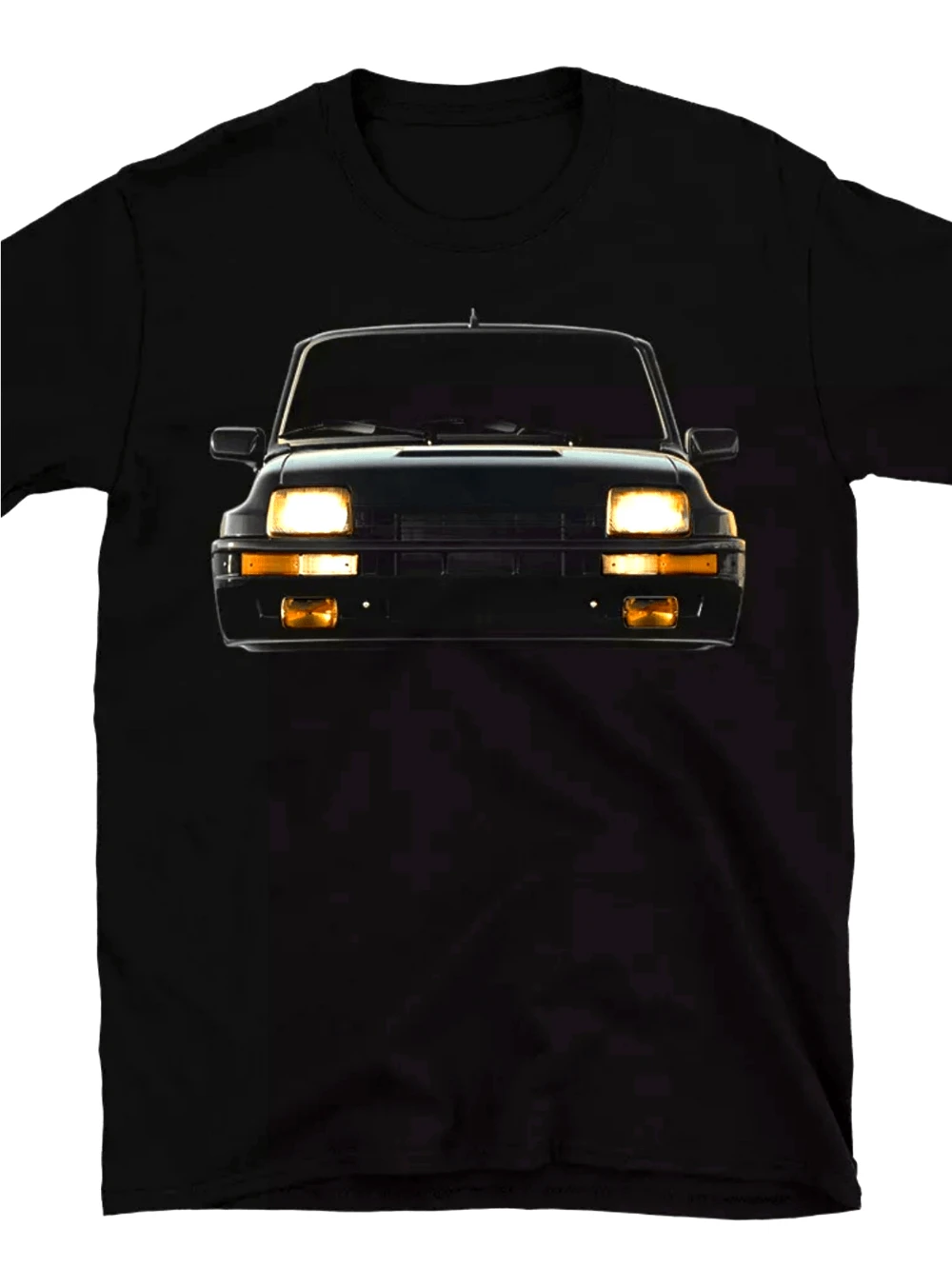 Retro R5 Turbo 80 Rally Car Graphic T-Shirt Black Racing T-Shirt Headlight Design Short Sleeve Ideal for Racing Enthusiasts