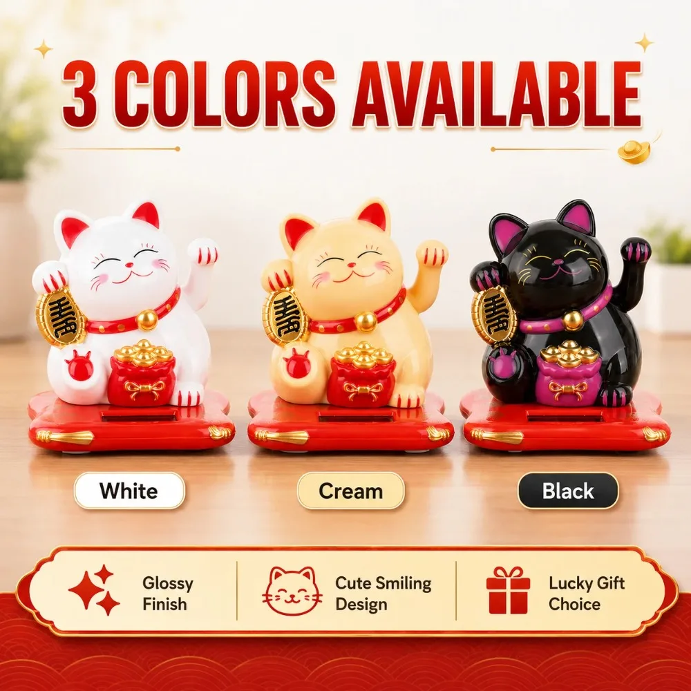 Solar Maneki Neko Lucky Cat Decor, Automatic Waving Paw Car Dashboard Ornament for Desk Shop Counter Opening Gift Cute Figure