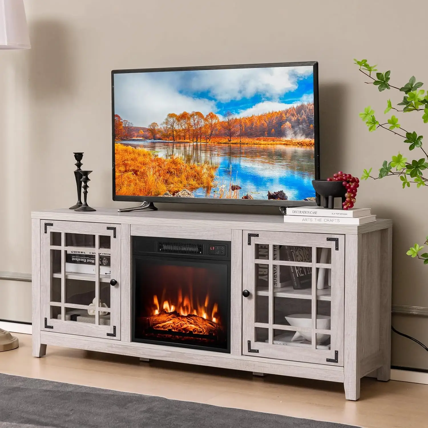 Fireplace TV Stand for 65 Inches TV 58” TV Console with 1400W Electric Fireplace Adjustable Shelves Remote Control Natural