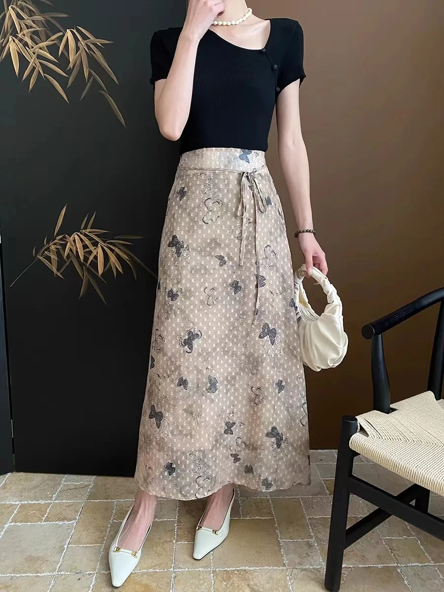 

New Chinese Design Feeling Chinese Style Butterfly Print High Waist Tie Up Slim A-line Skirt