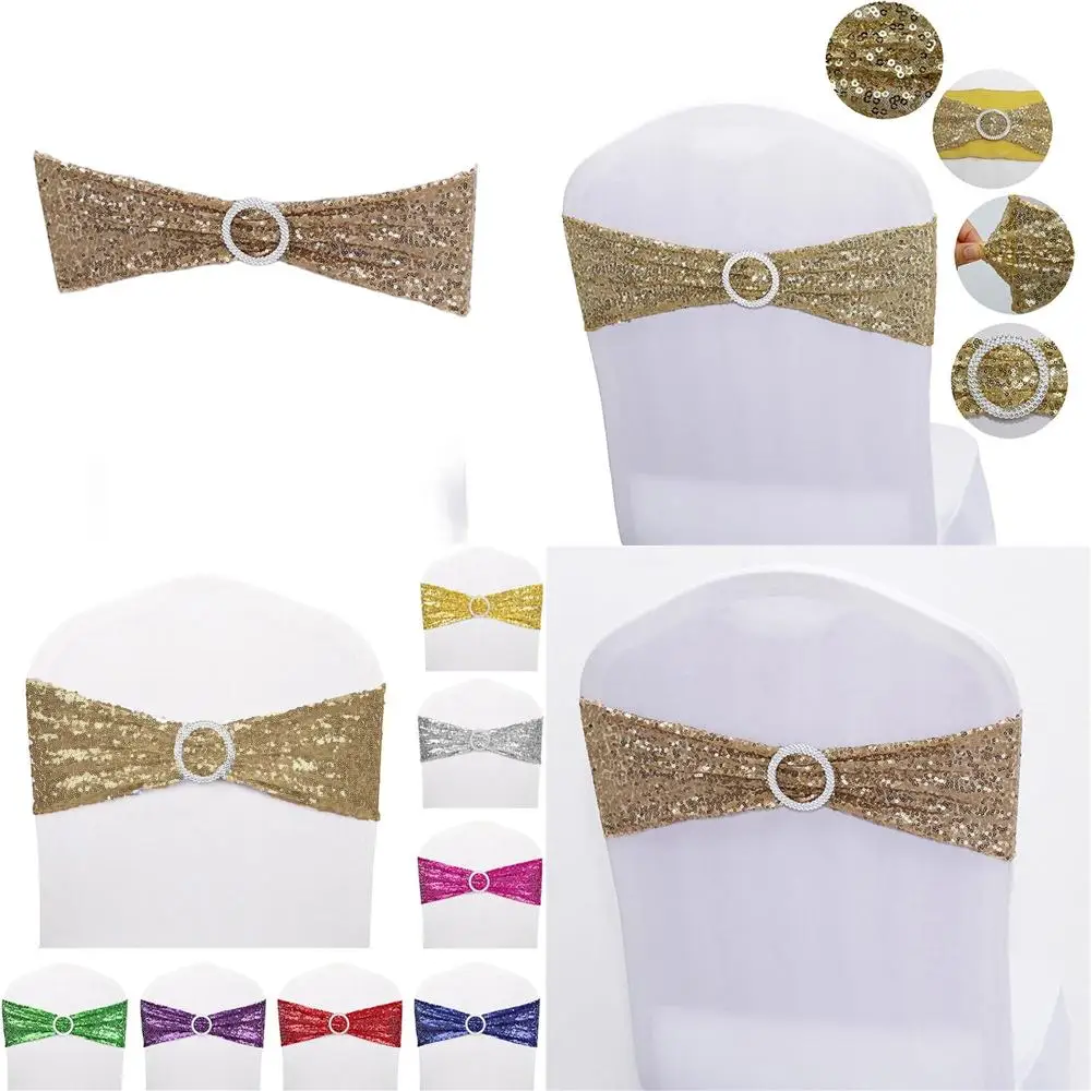 

50 Pack Stretch Sequin Chair Sashes for Weddings, Events, and Banquets - Champagne