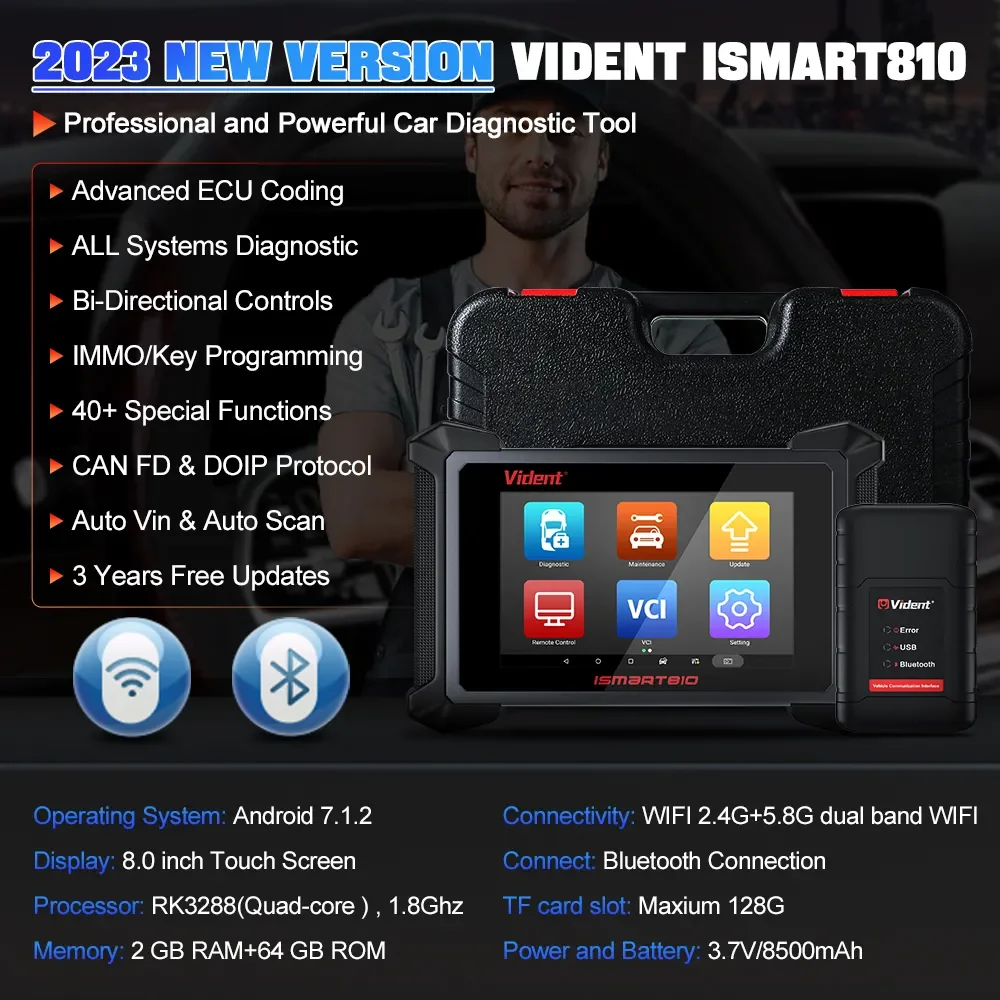 2023 VIDENT ISMART810 Car Diagnostic Tool Bluetooth Scanner Active Test ECU Coding Key Programming 40 Resets With DoIP&CAN FD