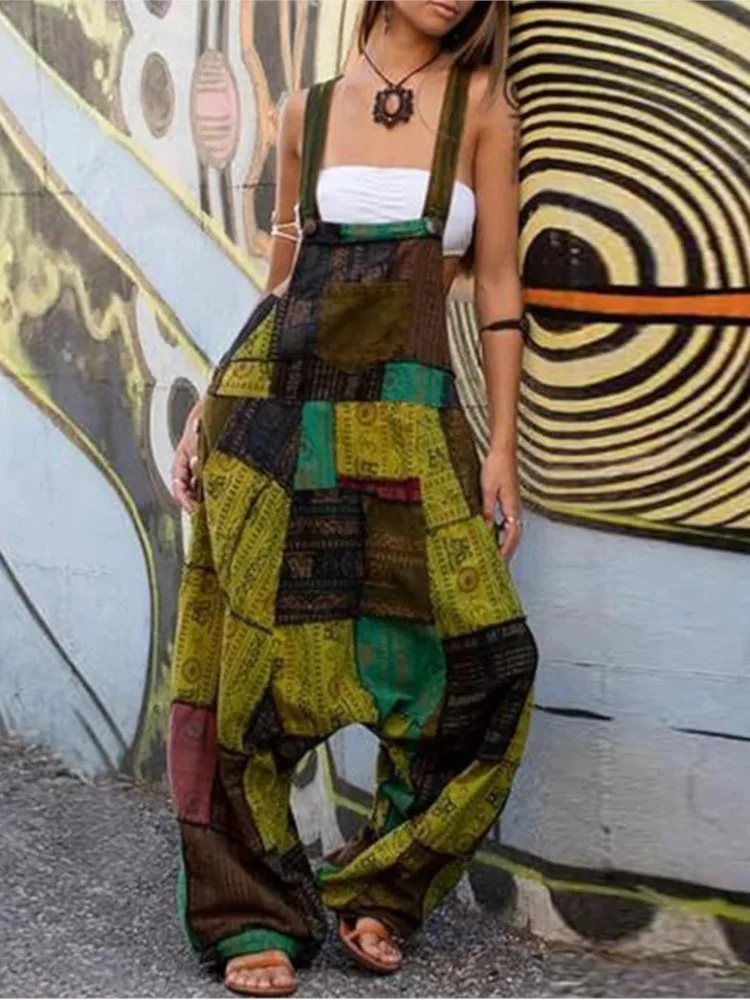 موضة المرقعة الحمالات بنطلون بذلة للنساء الهيب هوب المرقعة العرقية طباعة فضفاض سراويلي حريمي الشارع السروال القصير الإناث
