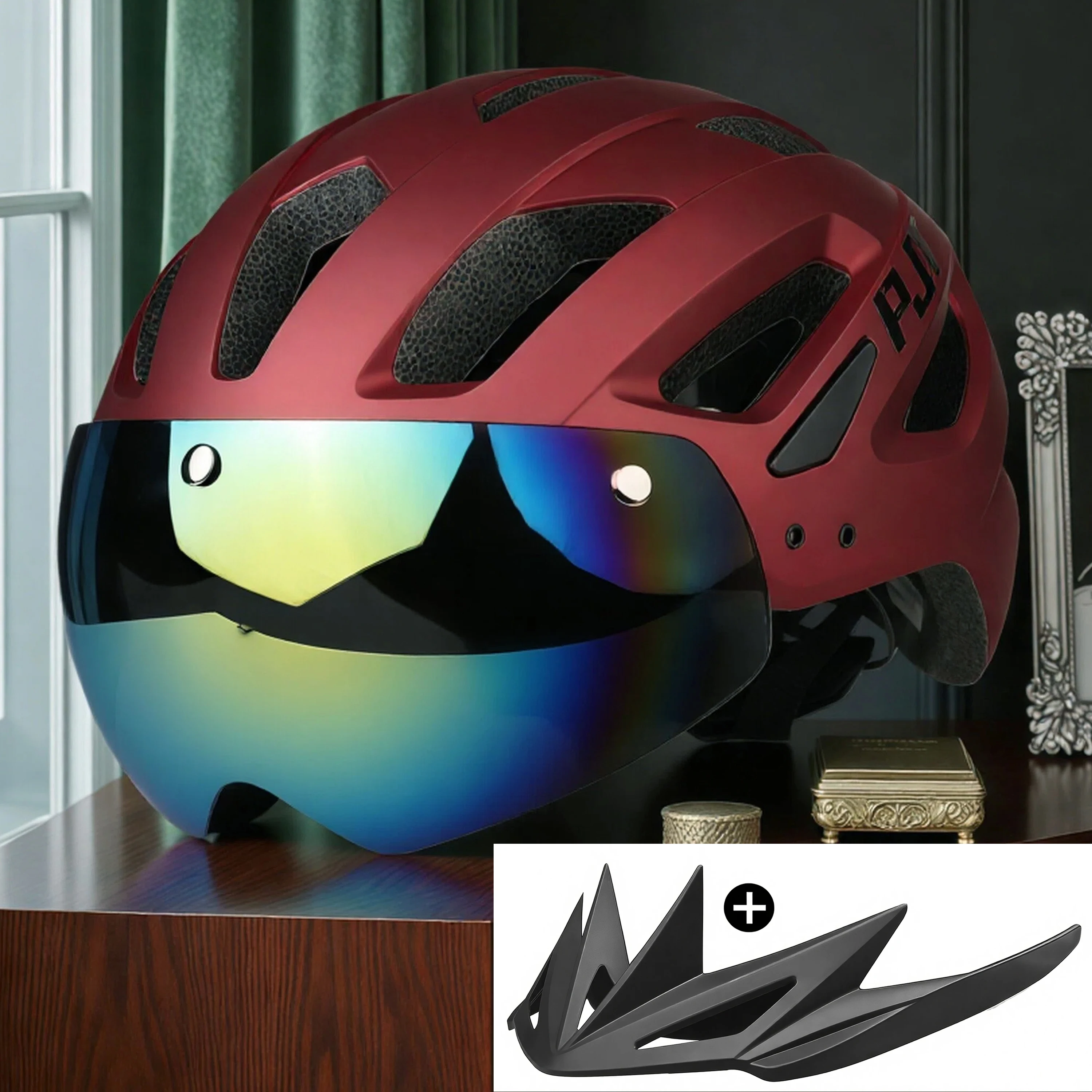 PJT Neuer Fahrradhelm mit Licht für Straße und MTB, Mountainbike-Brille / Sonnenschutz-Helm L für Männer und Frauen, Fahrradhelm mit Sonnenschutz