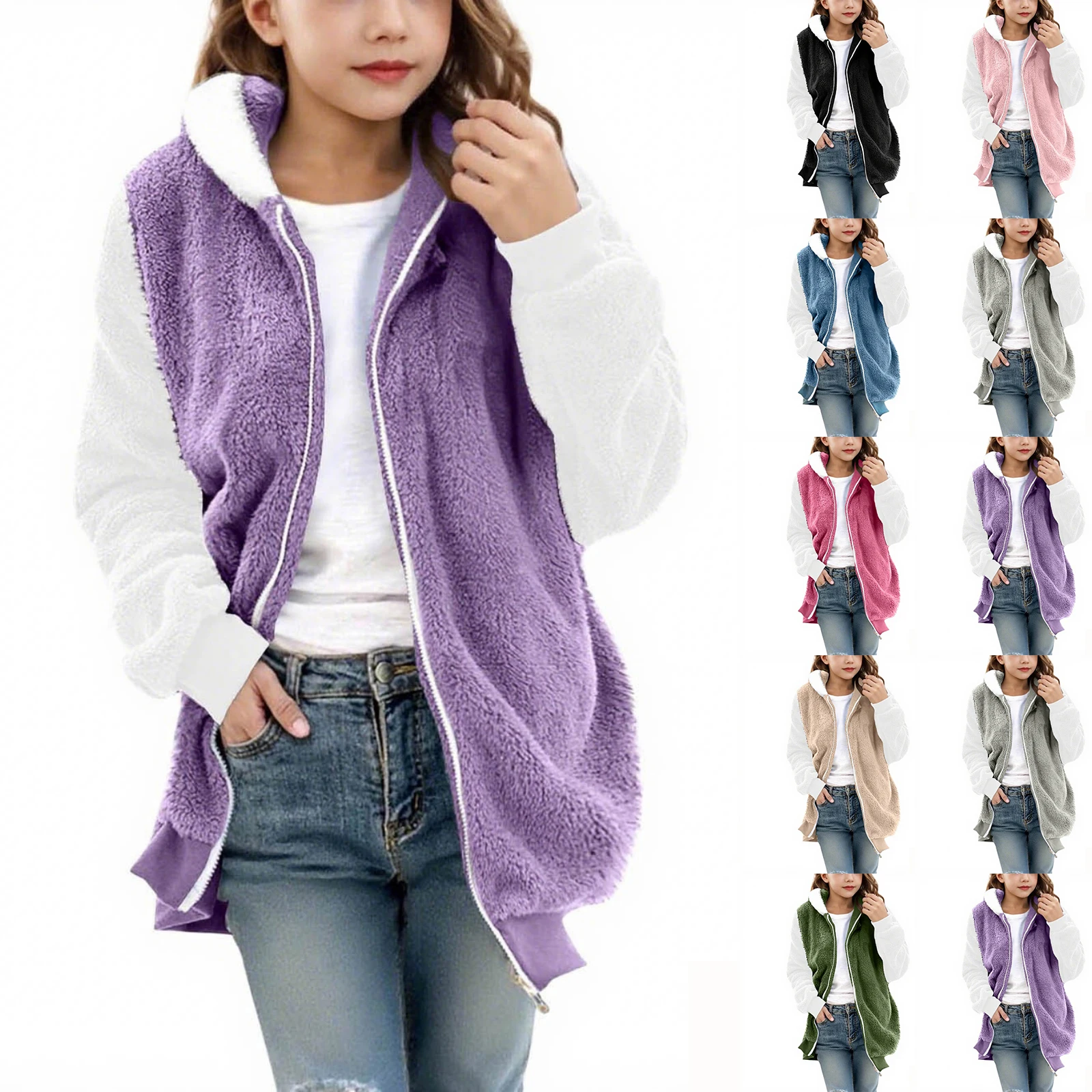 الشتاء أزياء الفتيات السترات عارضة طويلة الأكمام مقنعين سستة أفخم معطف المرقعة الأطفال الصوف البلوز