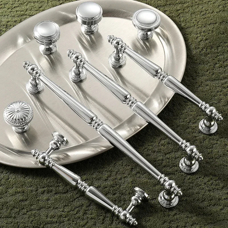 French Bright Silver Handle Brass Cream Wind Luxury European Cupboard Door Pulls Kitchen Wardrobe Drawer Furniture Small Handles