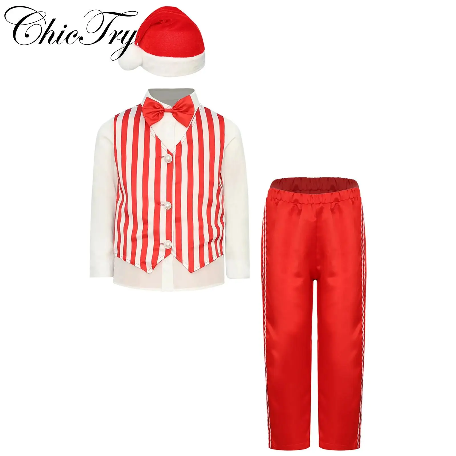 

Kids Boys Gentleman Suit Christmas Xmas Santa Clause Costume Pageant Party Outfits 4pcs Shirts Vest Pants Hat New Year Sets