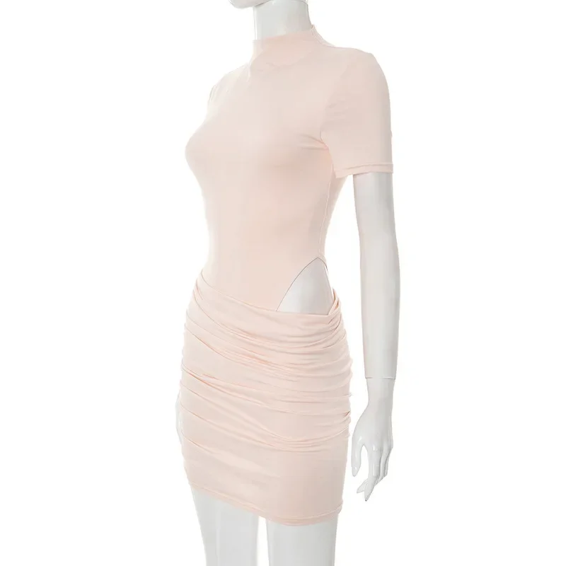 Autumn Hollow Out Y2K Streetwear Bodycon Ruched Mini Dress Outfit Women Winter Short Sleeve Mock Neck Dresses Vestido Party Club