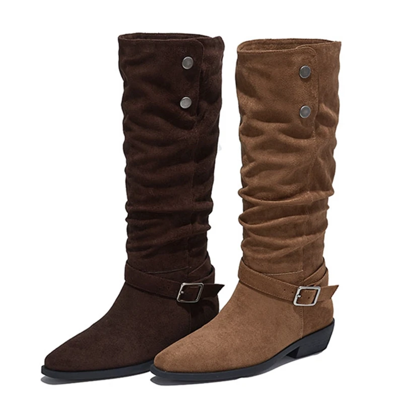 

AIYUQI 2025 Women's Tall Boots Pointed Toe Pleated Women Biker Boots Large Size Fashionable Spring/Autumn Style female Boots