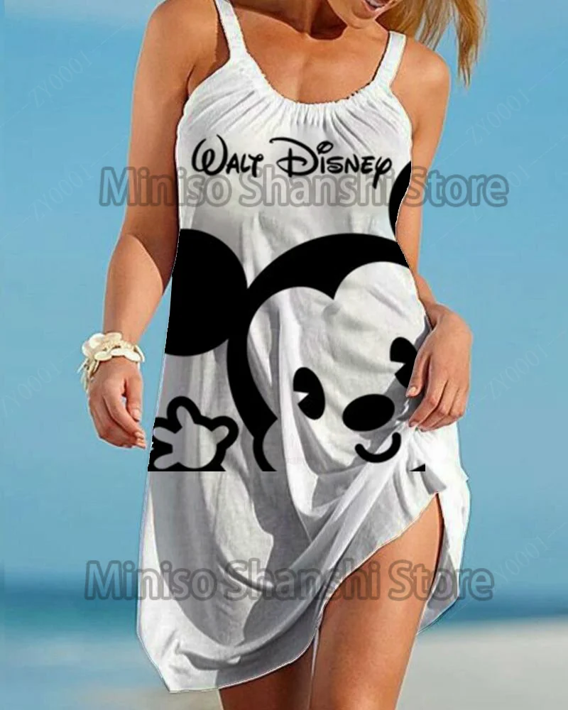 Fashionable Summer 2024 Disney Minnie Mouse Women's Dress Bohemian Dress Elegant Sleeveless Women's Sexy Mickey Beach Sling