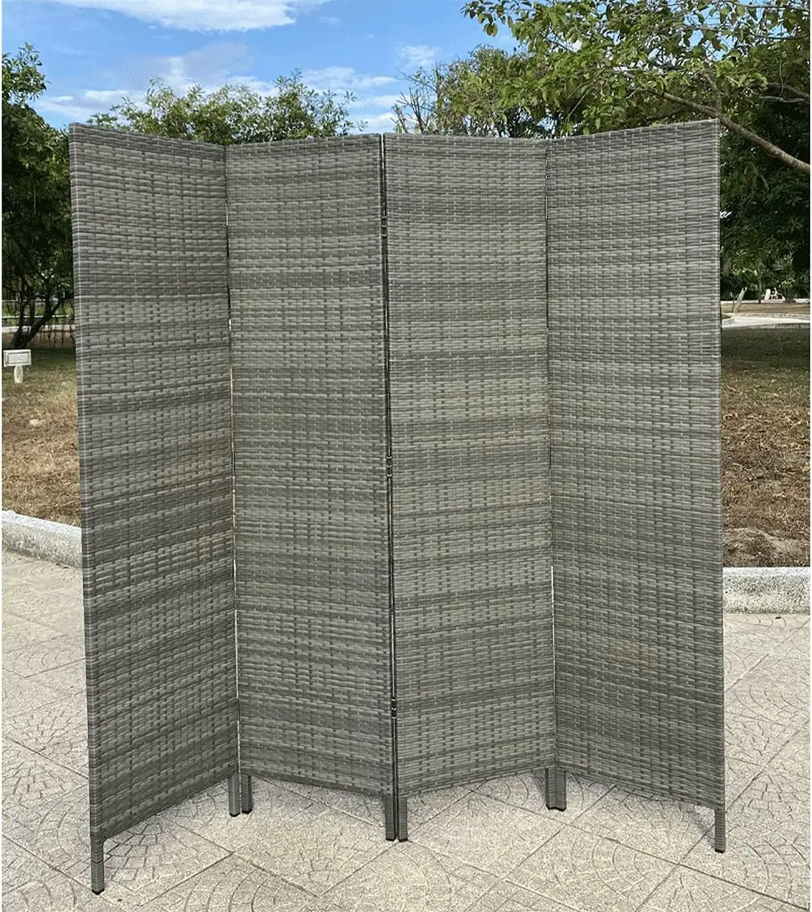 4 Panels Patio Outdoor Privacy Screen Room Divider Partition Grey Resin Wicker Weather Resistant