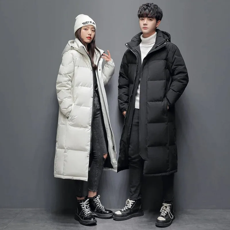 Winter Long White Down Jackets Men Women Hooded Thick Warm Over-the-Knee Puffer Jacket Man Overcoats Couple Padded Down Coat