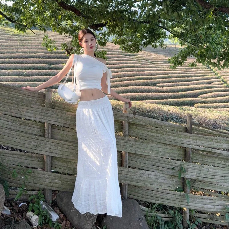 Elegant White Floor-Length Half Skirt Women's Drifting Large Swing Gown Super Fairy Atmosphere Holiday Style Cake Skirt