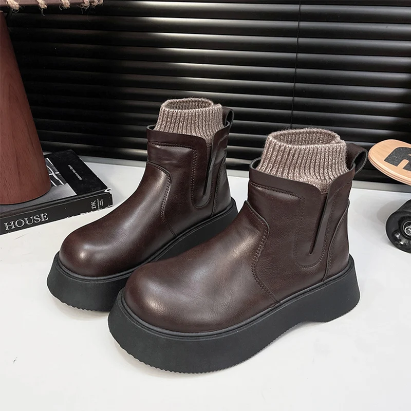 รองเท้าบูทหุ้มข้อขนสัตว์สำหรับผู้หญิง รองเท้าบูทหิมะแบบแบน รองเท้าฤดูหนาวที่อบอุ่น รองเท้าแฟชั่นสำหรับเดินเล่น รองเท้าหนัง รองเท้าบูทเชลซีขนสั้น
