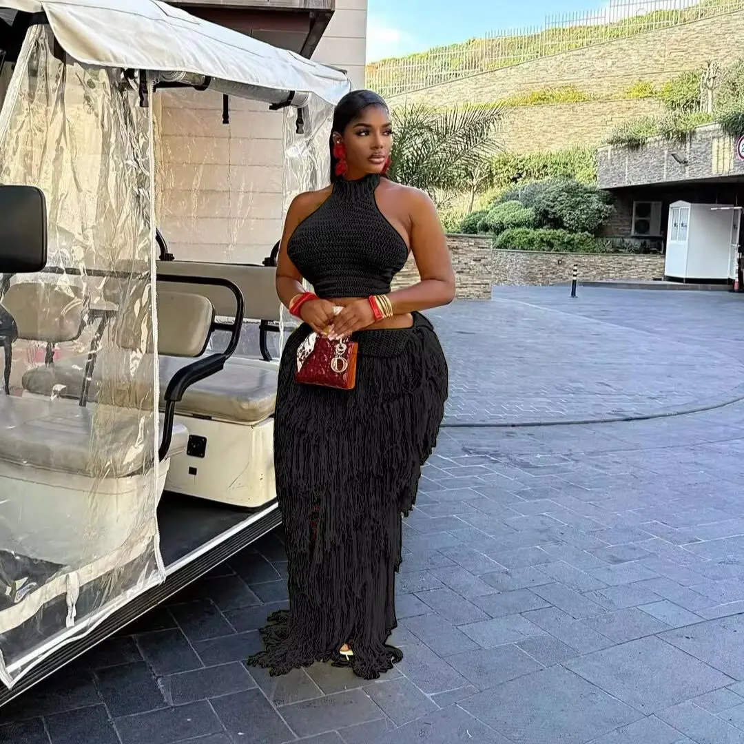 Crochet Knit Maxi Dress 2 Piece Skirt Sets 2026 Women Sexy Knitted Tassel Fringe Dress Elegant Two Piece Sets Outfit Knitwear view 2