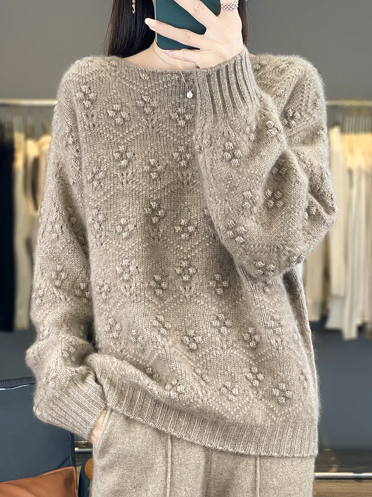 100% Merino Wool Textured Knit Pullover Women Boat Neck Loose Fit Long Sleeve Solid Autumn Winter Tick Warm Basic Sweater Top