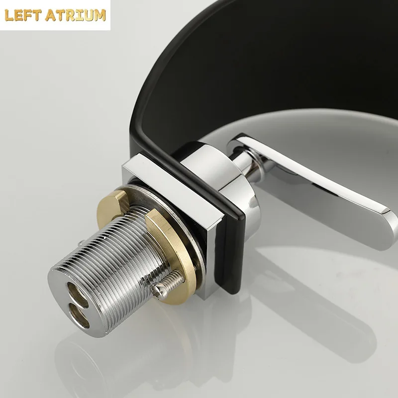 Basin waterfall faucet wide mouth brass brushed finish black hot and cold water countertop basin faucet large spout