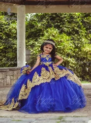 Royal Blue Fluffy Gold Lace Applique Flower Girl Dress Tulle Tailing Ball Elegant Children's Princess Ball First Communion