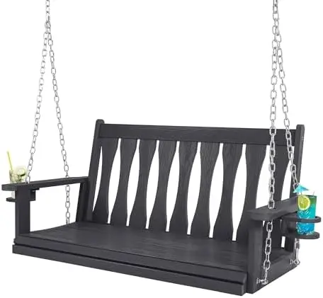 HIPS All-Weather Outdoor Hanging Porch Swing,2 Seat Hanging Swing Bench with Cup Holders,Patio Swing Chair with Hanging