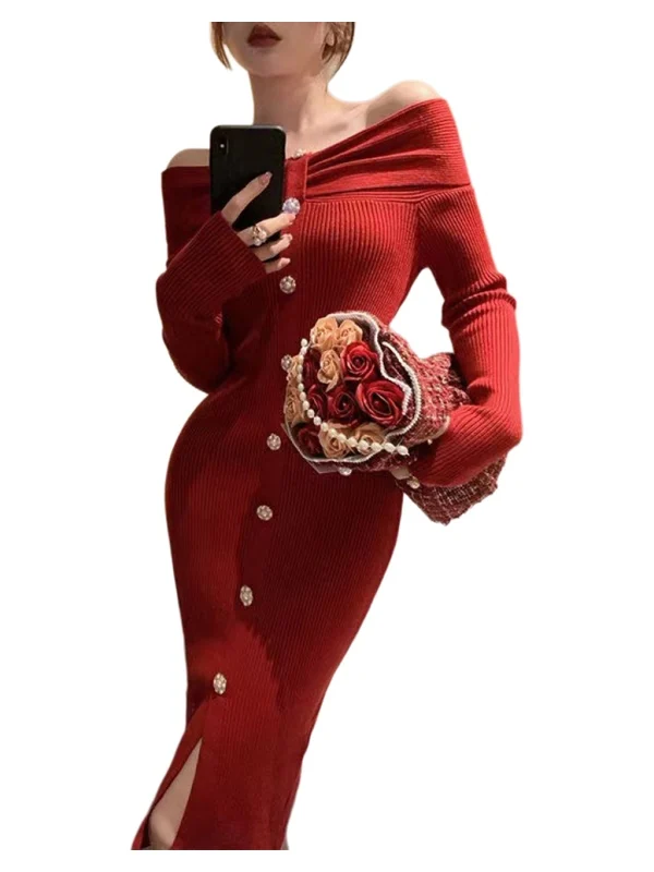 Francuski sweter dzianinowy, dopasowany, długi, damski, jesienno-zimowy, z wysokim stanem, rozcięciem z boku, zakładany na ramię, jako warstwa bazowa.