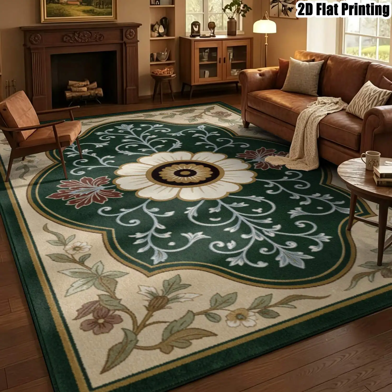 1Pc 2D Printed Retro Floral Carpet, Dark Green Base, European Style, Home Decor, Multiple Sizes, Machine Washable, Suitable for Entrance, Dining, Bedroom, Etc