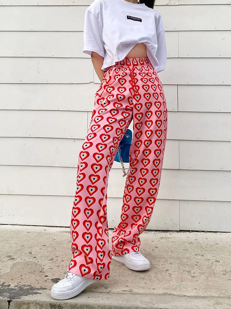 Women's Popular Heart-Shaped Printing High Waist Drawcord Loose And Slim Wide Leg Pants