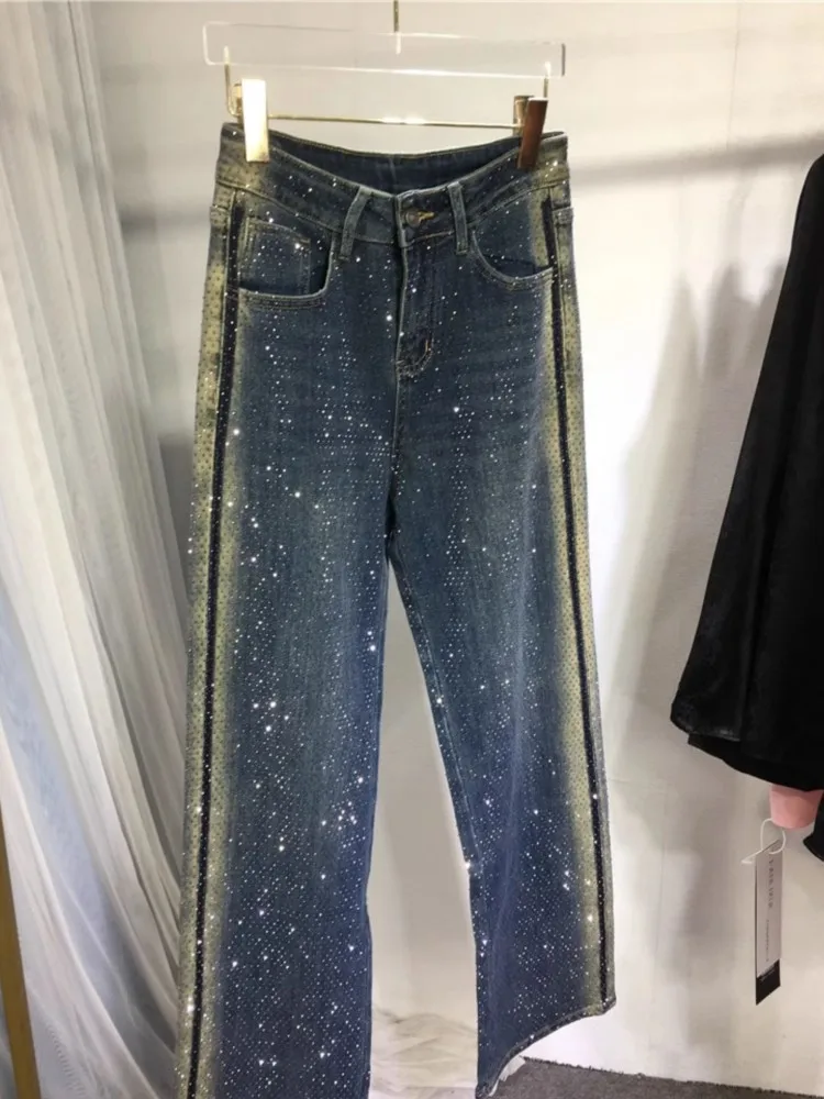 

Women's Retro Washed Diamond Embroidered Jeans, Spring Design High Waist Straight Leg Pants, Loose Wide Leg Rub Pants