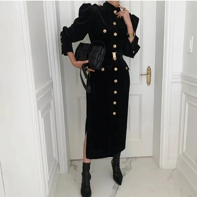 

Korean Clothing Chic Vintage Vestidos Maxi Dresses Ladies Office Business Autumn Winter Golden Button Black Dress For Women