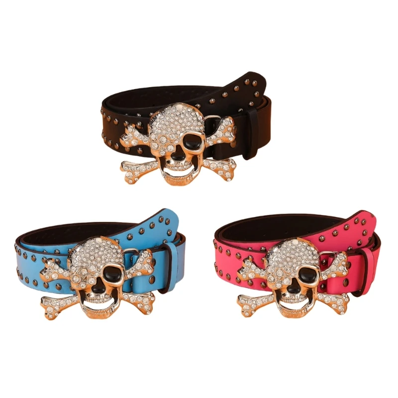 Elegant Rhinestones Skull Buckle Belt for Women Men Punk Rivet Studded Belt for Jeans Pants Cool Rockers Costume Belt