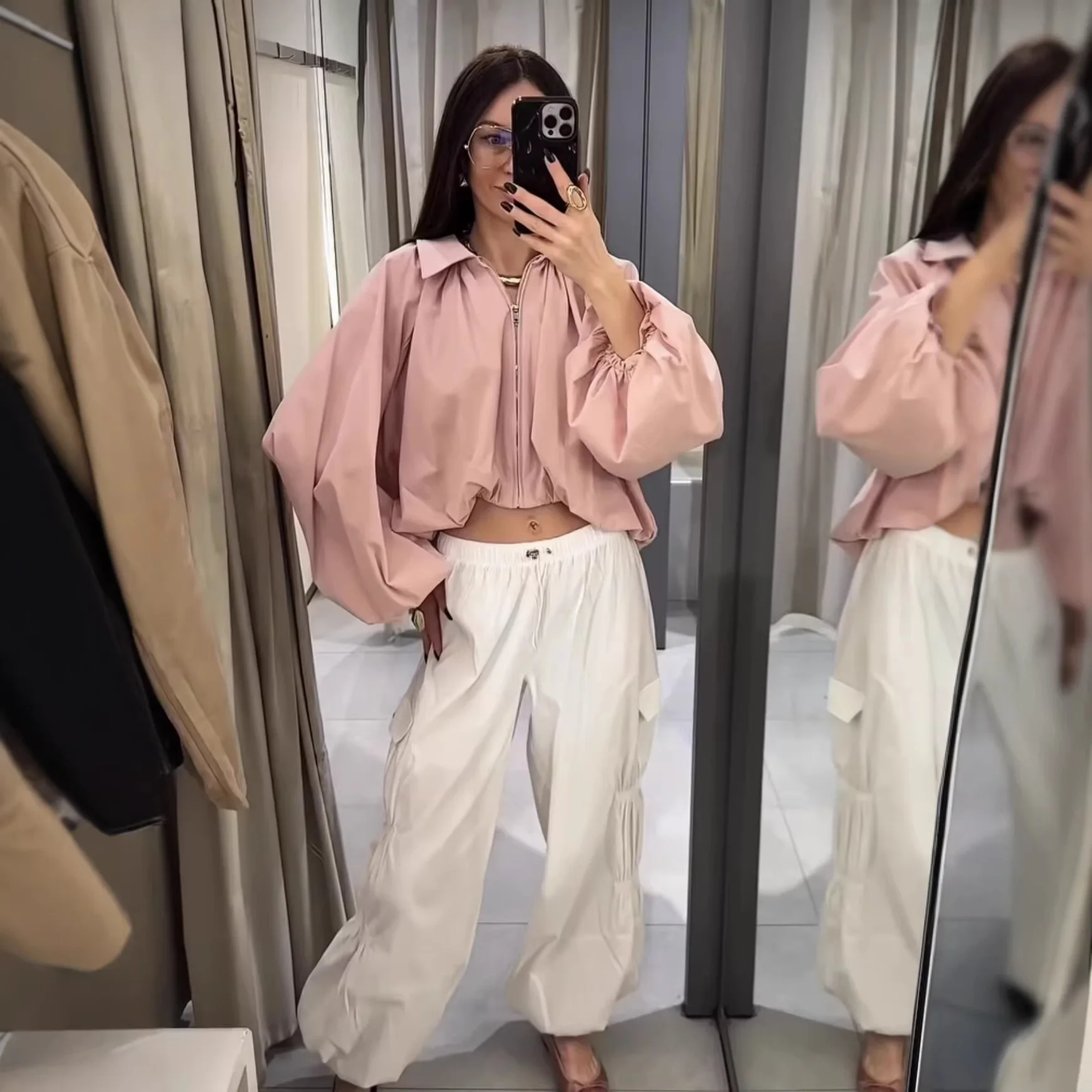 Women Solid Coats Short Bomber Jackets Turn Down Collar Long Lantern Sleeves Zipper Loose Elegant Casual Office Lady 2026 Autumn
