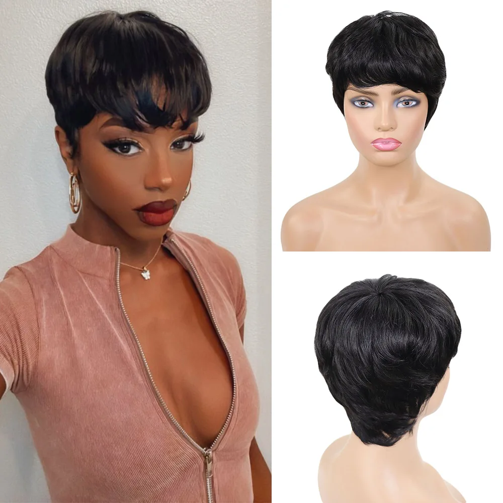

#1B Straight Pixie Cut Short Wigs For Women Natural Black Layer Human Hair Wig Brazilian Remy Hair Bob Full Machine Made Wig