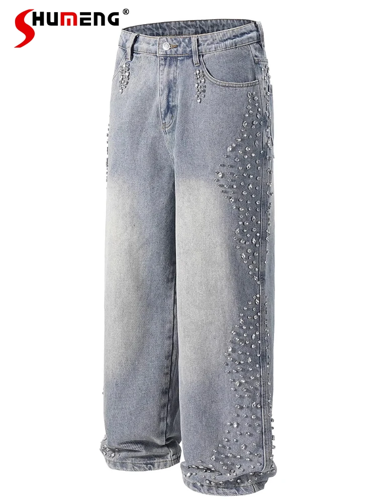 

American Style Fashion Starry Sky Retro High Street Hot Diamond Jeans Men's 2025 Four Seasons Wear Trend Loose Straight Trousers