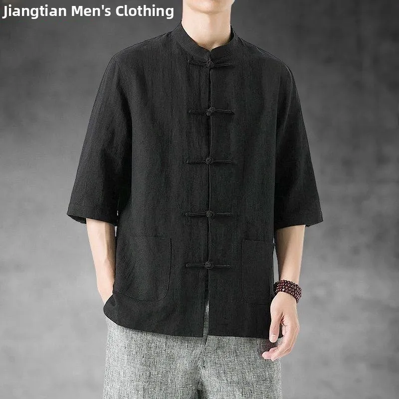 

Summer Linen Short Sleeve Tang Suit Shirt Retro Five Sleeve Open Cardigan Cotton Linen Buddhist Casual Half Sleeve Tea Pickin...