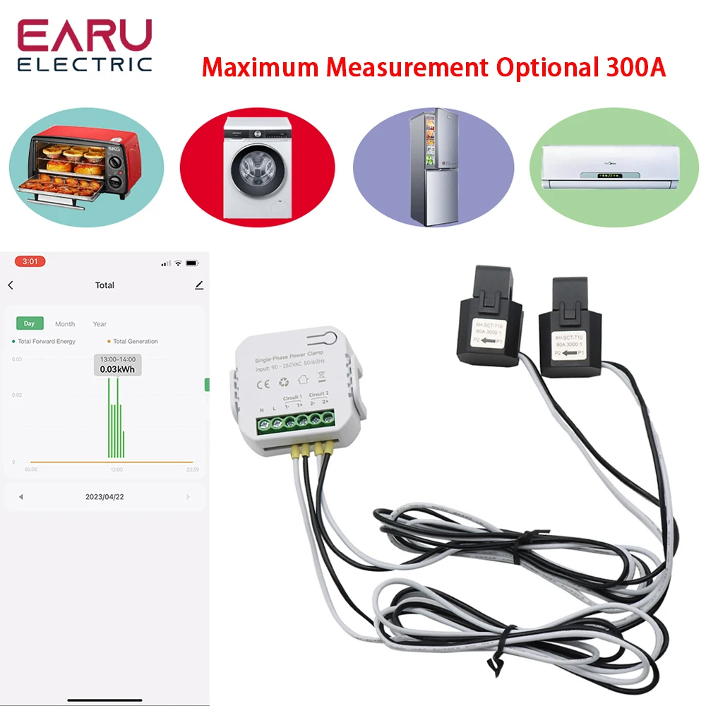 Tuya App Smart Two-way Bilateral WiFi Energy Meter 80-300A AC110V 220V with Clamp CT KWh Power Electricity Consumption Monitor