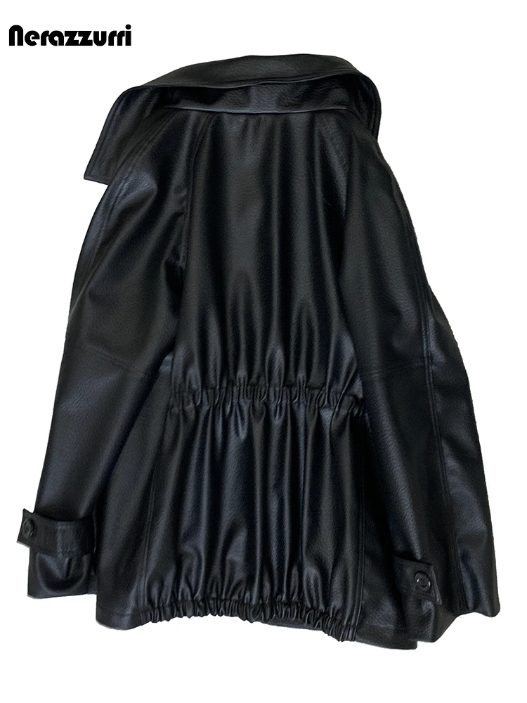 

Spring Autumn Brown Faux Leather Jacket Women with Long Raglan Sleeve Drawstring Chic Elegant Black Luxury Designer Clothes 2025