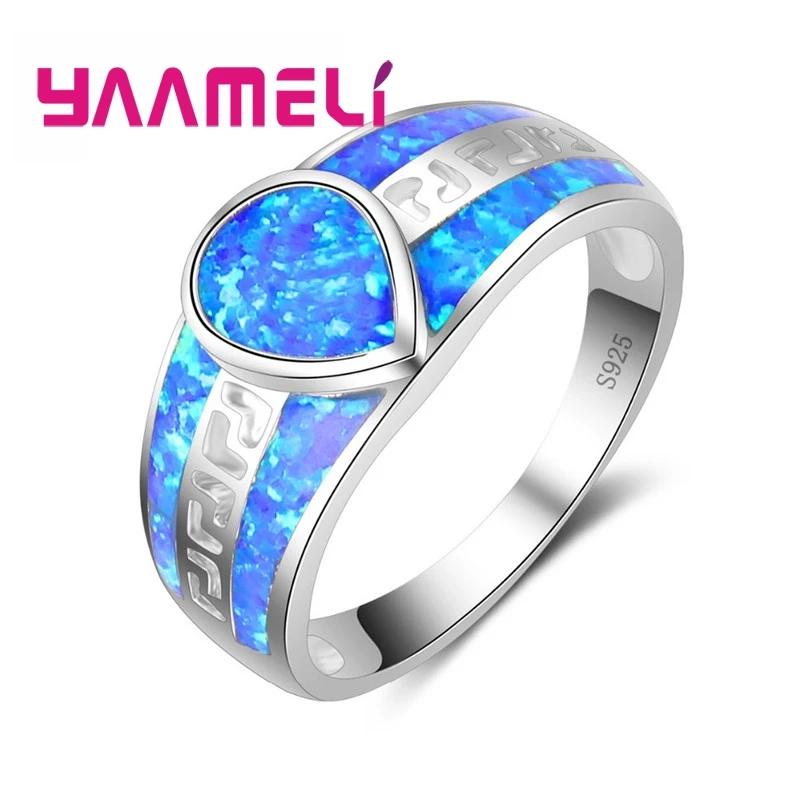 Nice Birthday Gifts for Women Men Water Drop Shaped 925 Sterling Silver Fashion Jewelry Blue Fire Opal Rings High Quality